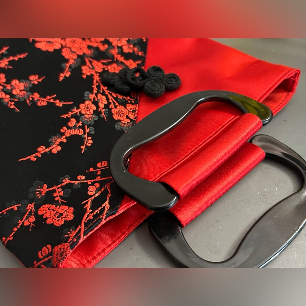Red and Black Floral Satin Handbag with Black Handles
